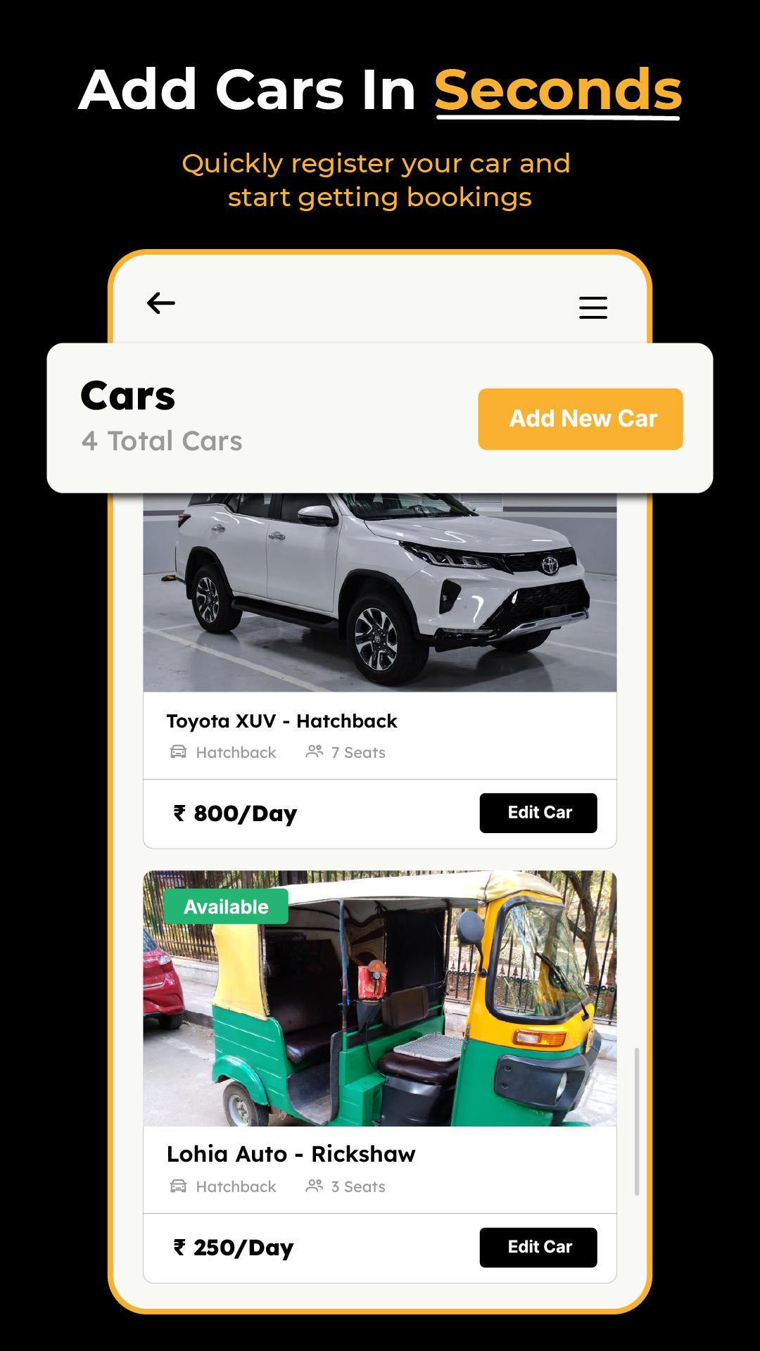 Gadiyo partner app add cars screen