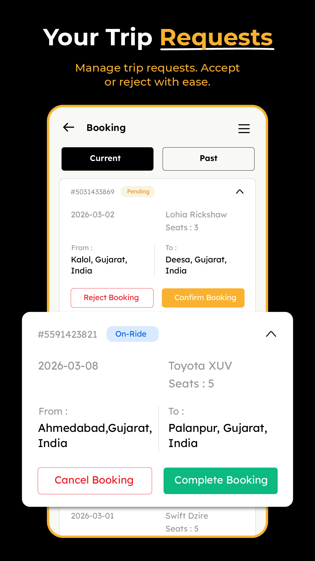 Gadiyo partner app trip requests screen